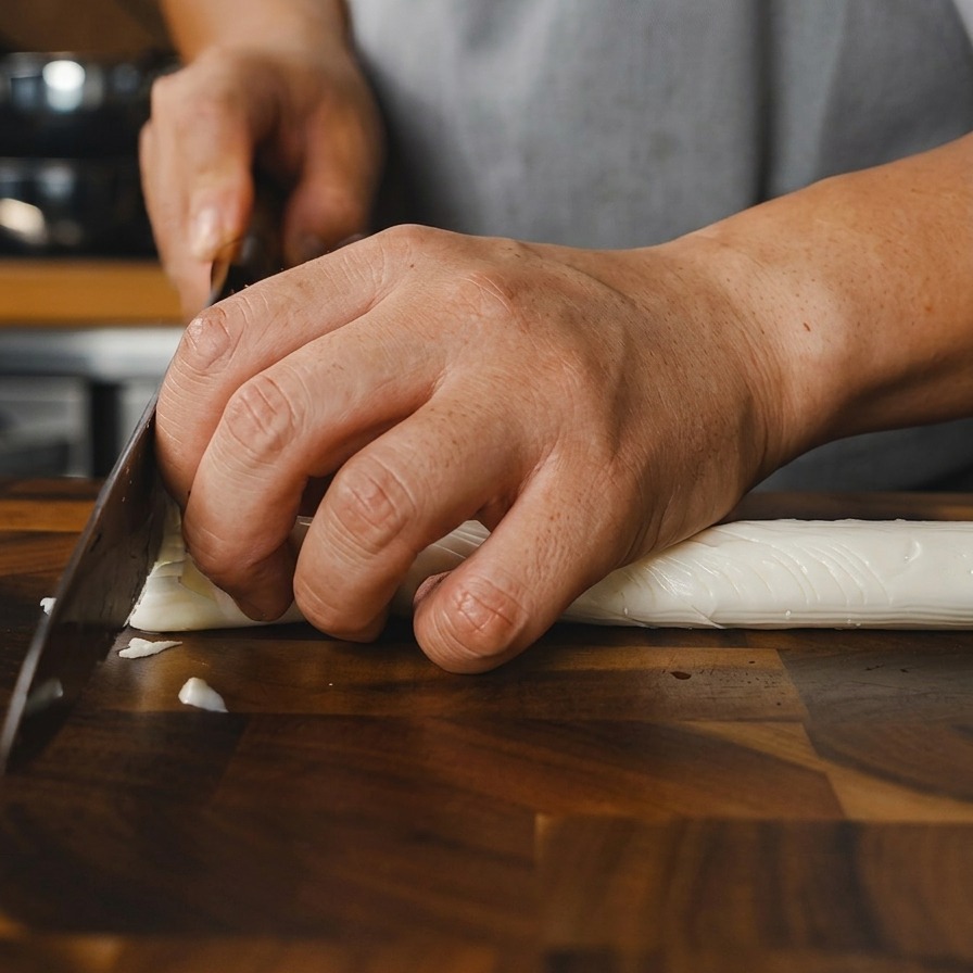 Manos usando un cuchillo de chef para picar finamente vegetales blancos largos.