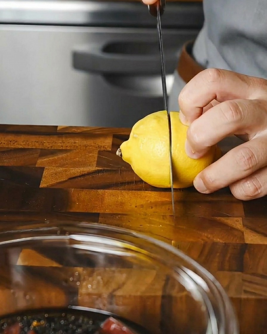 Limón exprimido manualmente sobre un bol con atún marinado.