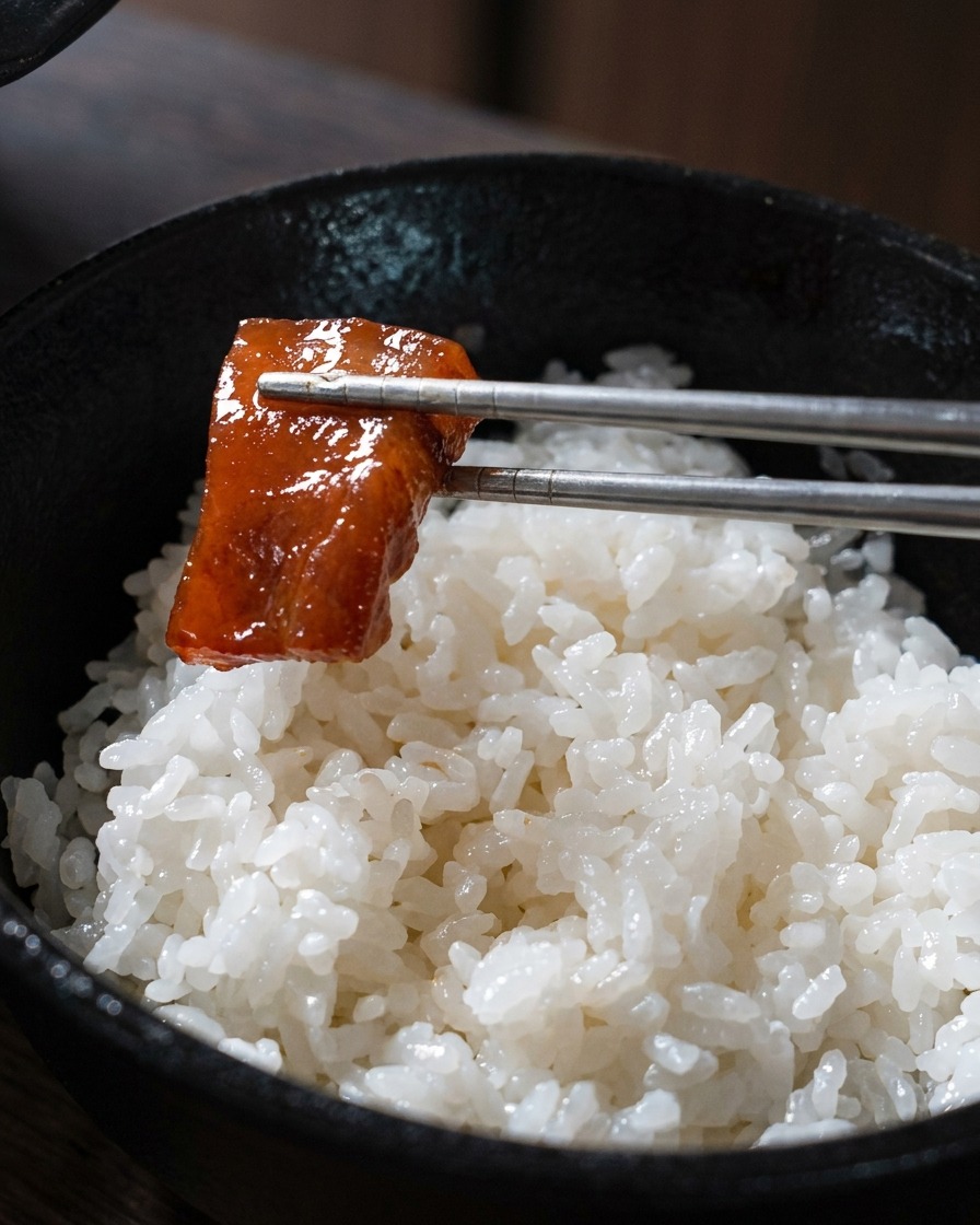 Palillos metálicos sosteniendo una pieza de atún sobre arroz blanco.
