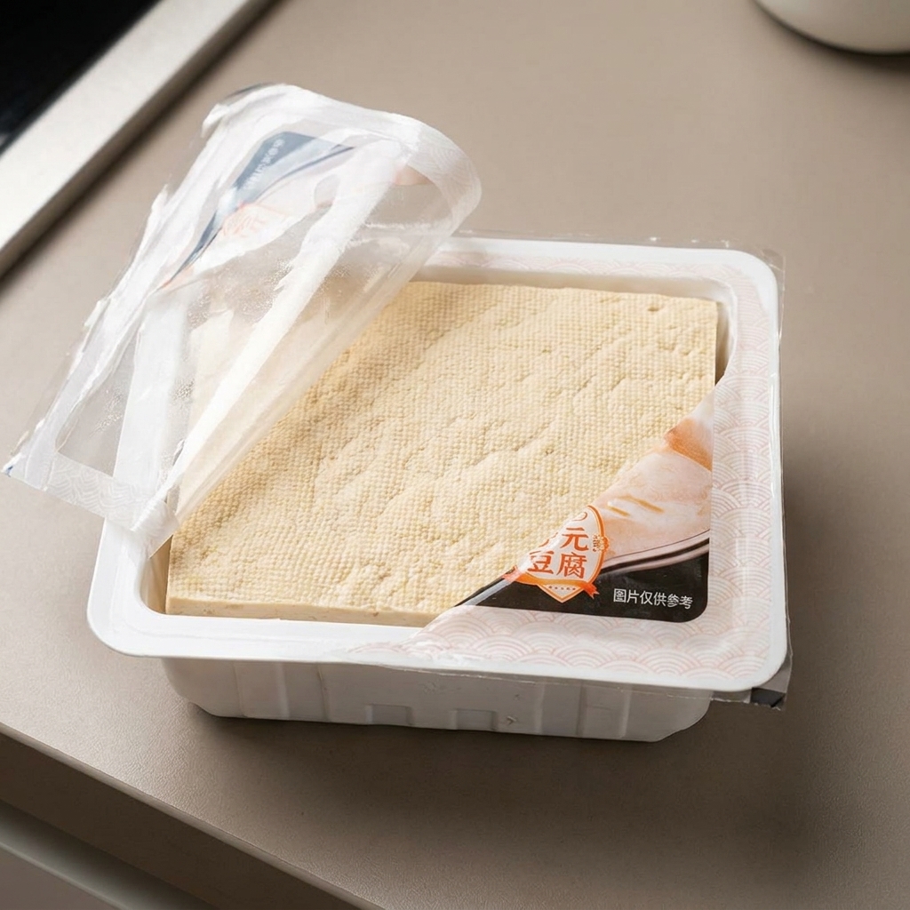 Un bloque de tofu siendo cortado en cubos sobre una tabla de cortar.