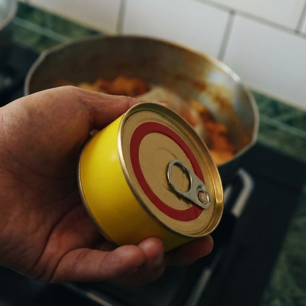 Atún siendo añadido desde una lata a una olla burbujeante de curry y col.