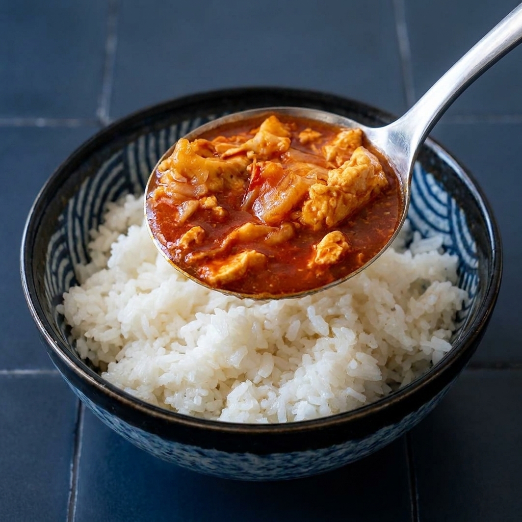 Un cucharón vertiendo la rica mezcla de curry y atún sobre un tazón de arroz blanco humeante.