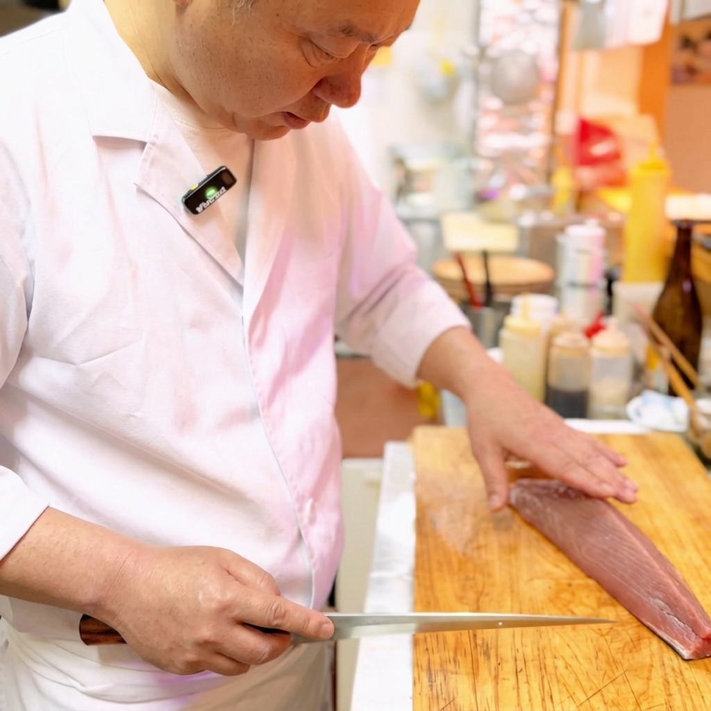 Primer plano de un cuchillo afilado de sushi cortando un bloque fresco de atún rojo oscuro sobre una tabla de madera.