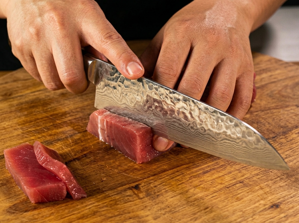 Láminas gruesas de atún crudo siendo cortadas con un cuchillo de cocina afilado sobre una tabla de madera.