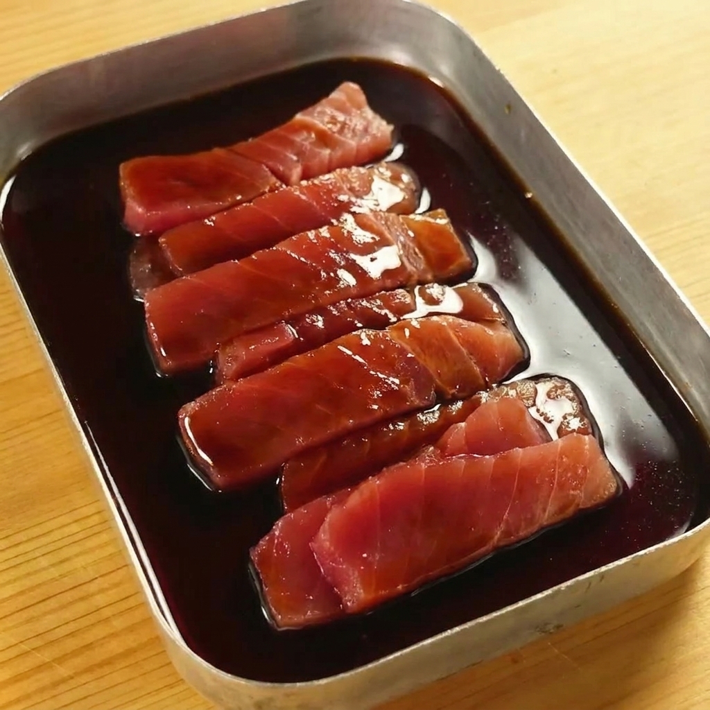 Marinada oscura siendo vertida sobre láminas de atún crudo en una bandeja de metal.