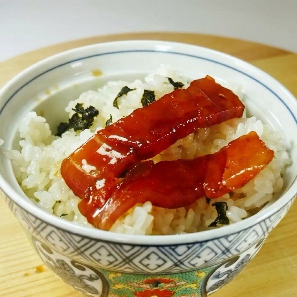 Láminas de atún marinado rojo oscuro brillante dispuestas cuidadosamente sobre una cama de arroz blanco espolvoreado con alga desmenuzada.