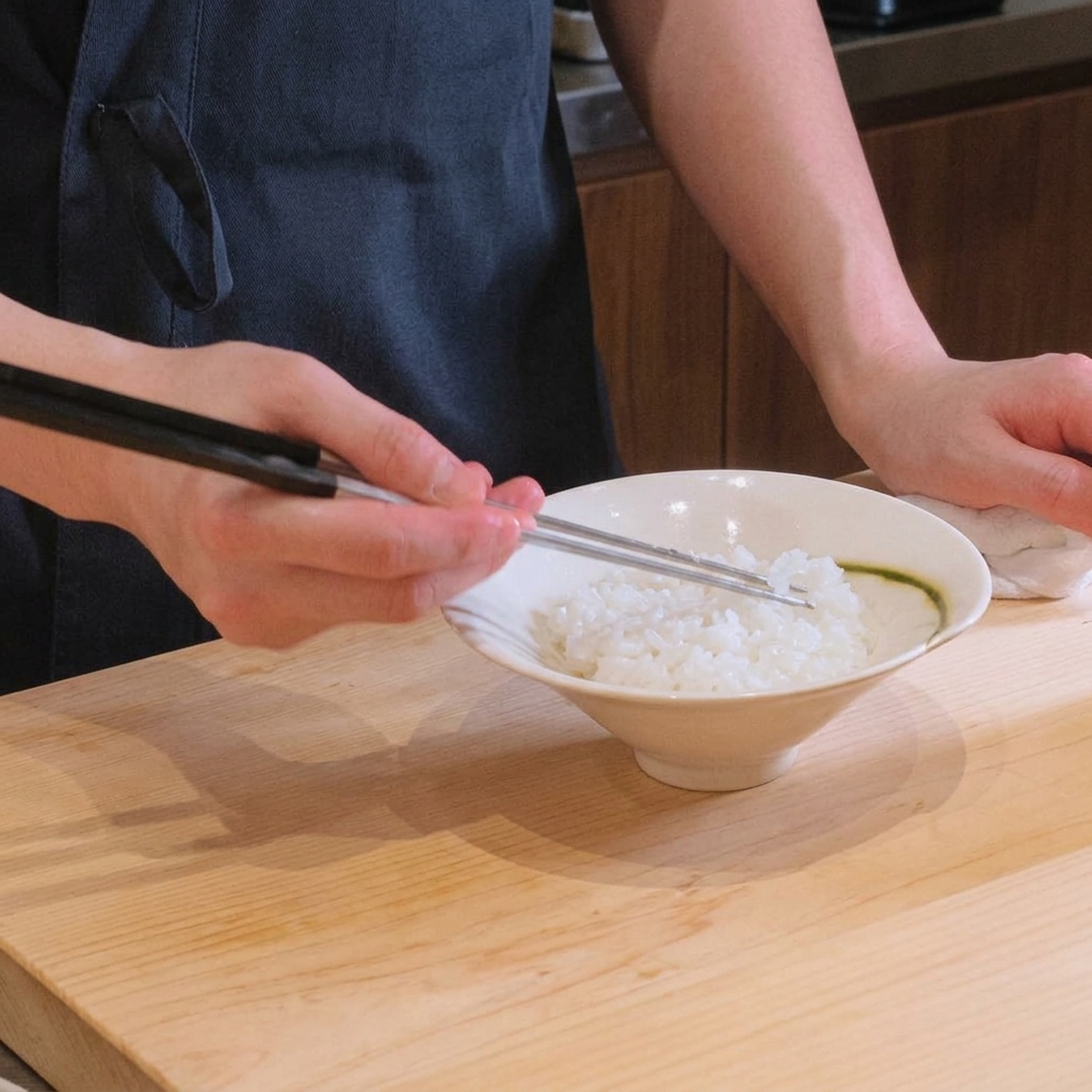 Manos usando palillos para extender el arroz blanco en un tazón de cerámica.