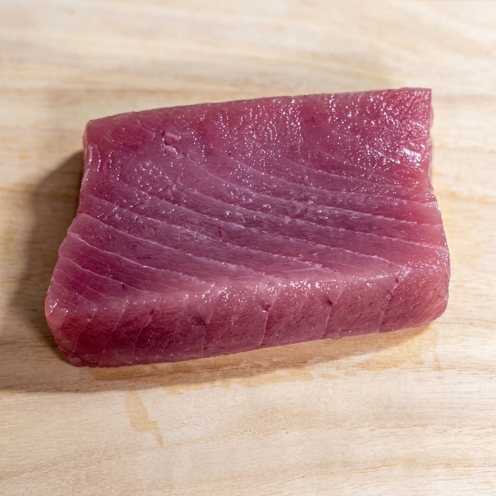 Un filete de atún crudo de alta calidad siendo cortado en pequeños dados del tamaño de un bocado.