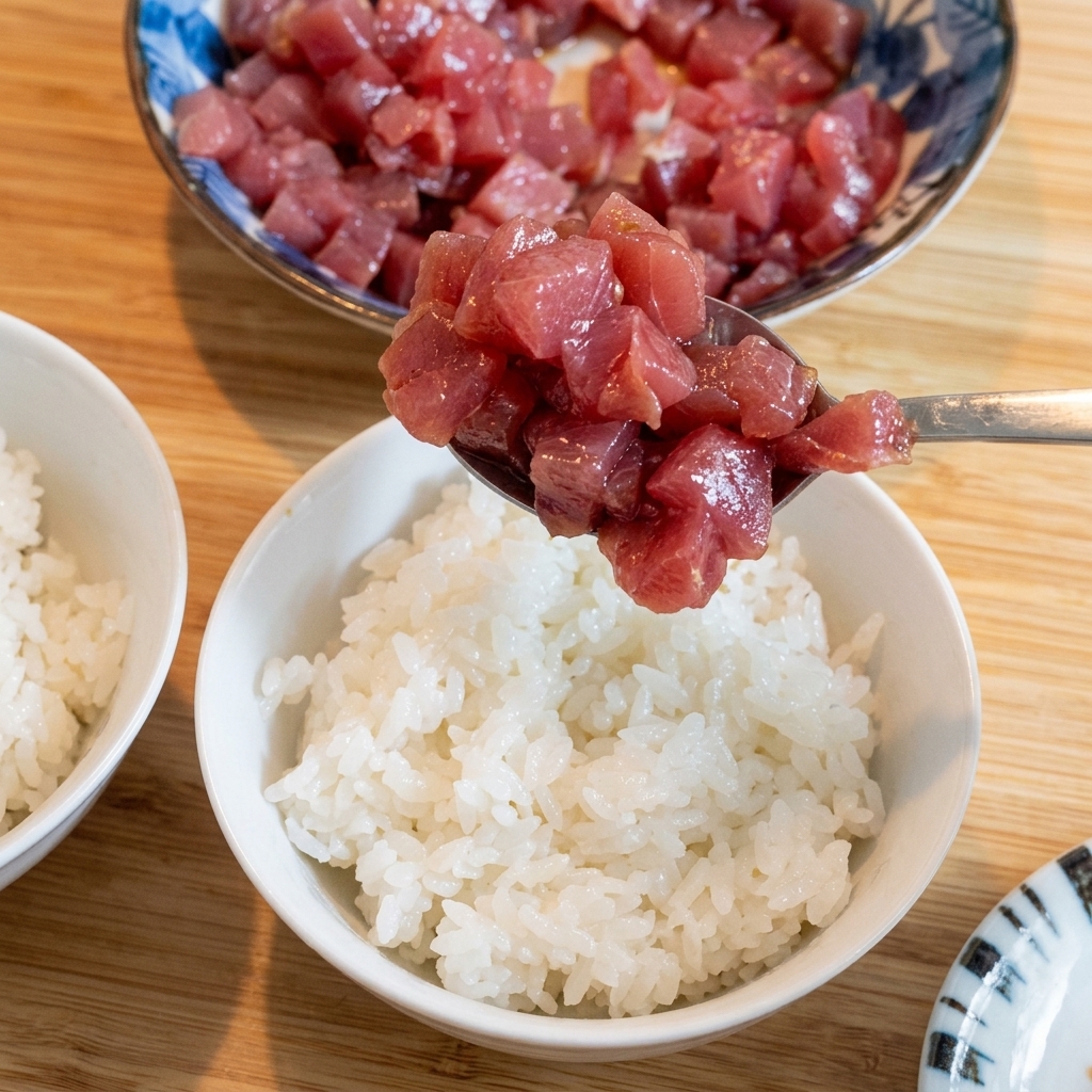 Cucharadas de atún marinado siendo distribuidas cuidadosamente sobre arroz blanco.