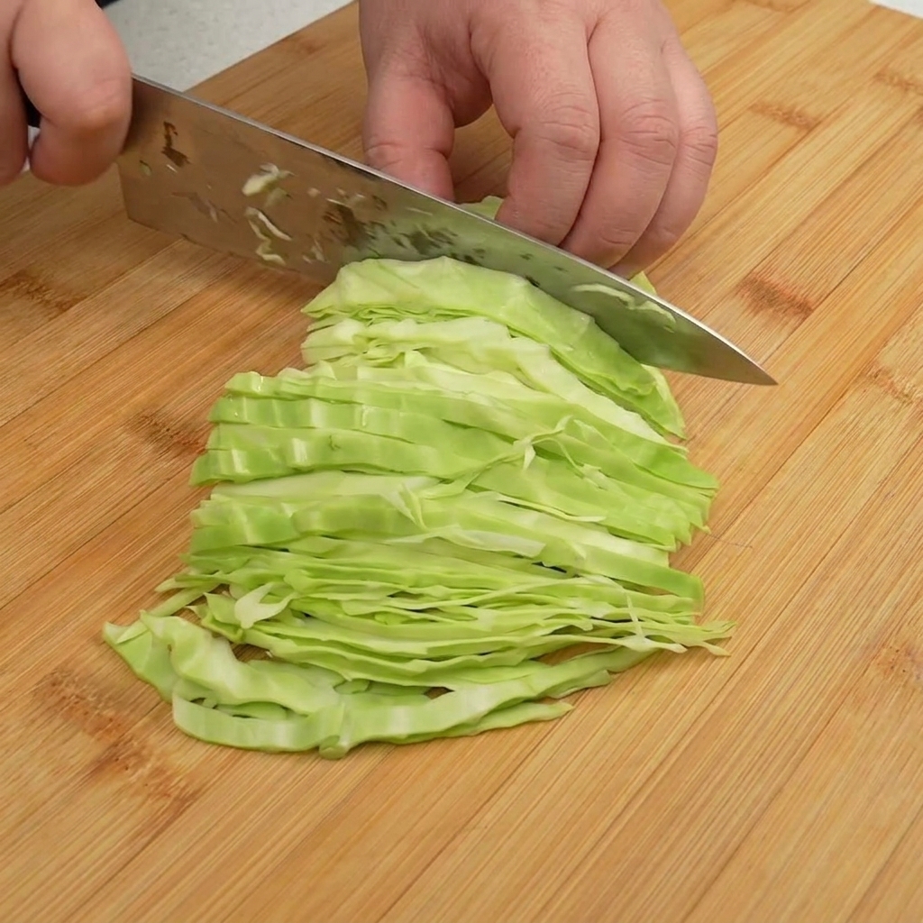 Tiras finas de col verde fresca sobre una tabla de cortar.
