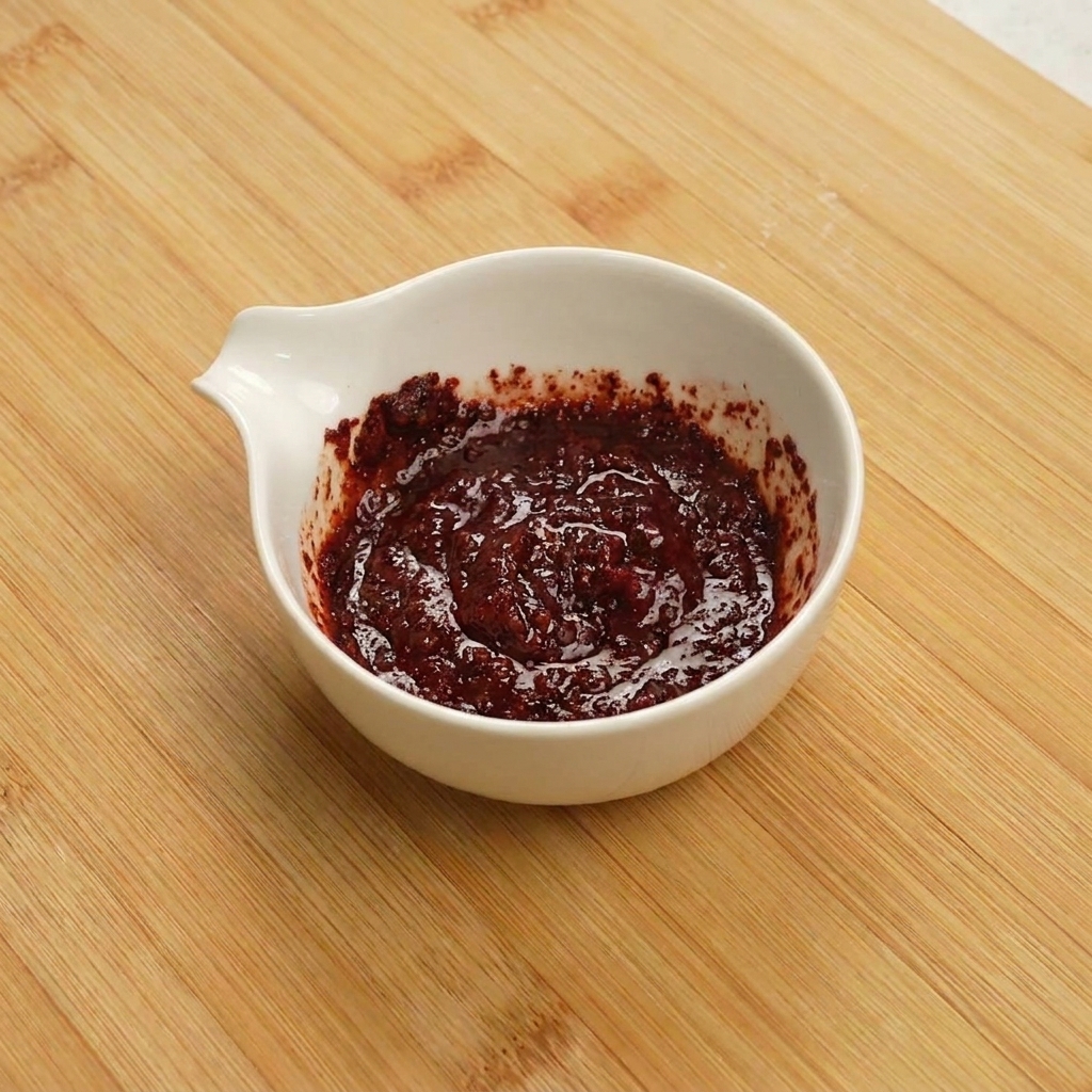 Mezcla de salsa roja en un cuenco pequeño siendo combinada con una espátula.
