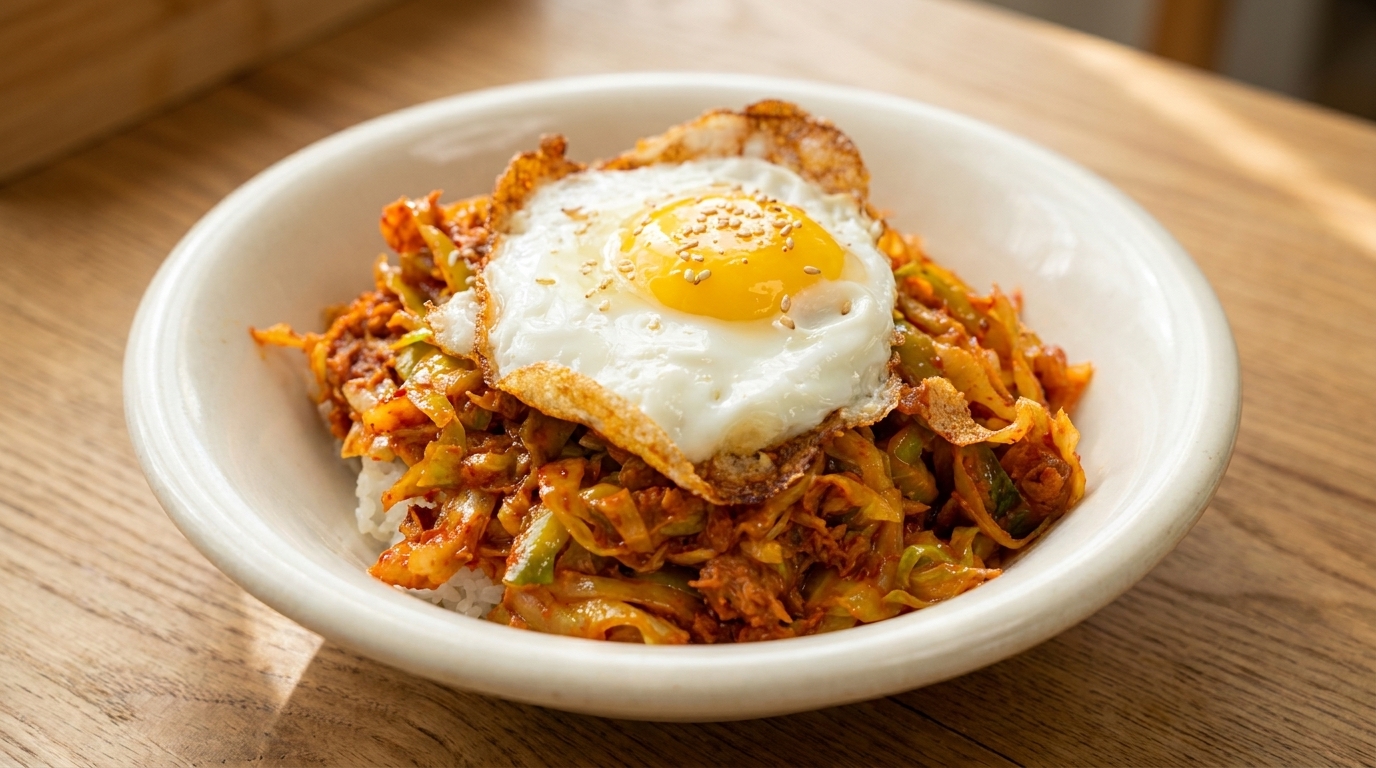 Un cuenco caliente de arroz blanco coronado con col salteada picante, atún sabroso y un huevo frito.
