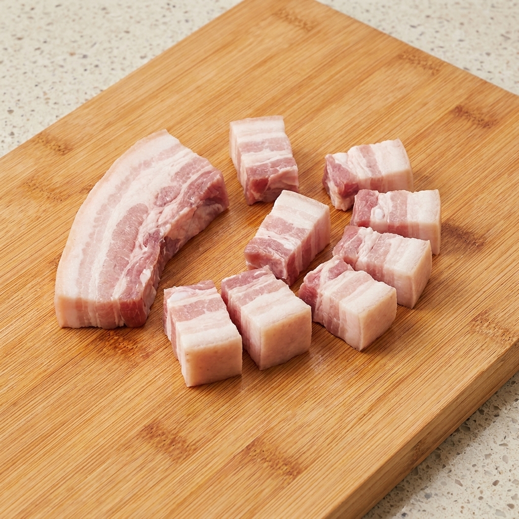 Panceta de cerdo blanqueada cortada en cubos del tamaño de un bocado sobre una tabla de cortar de madera.