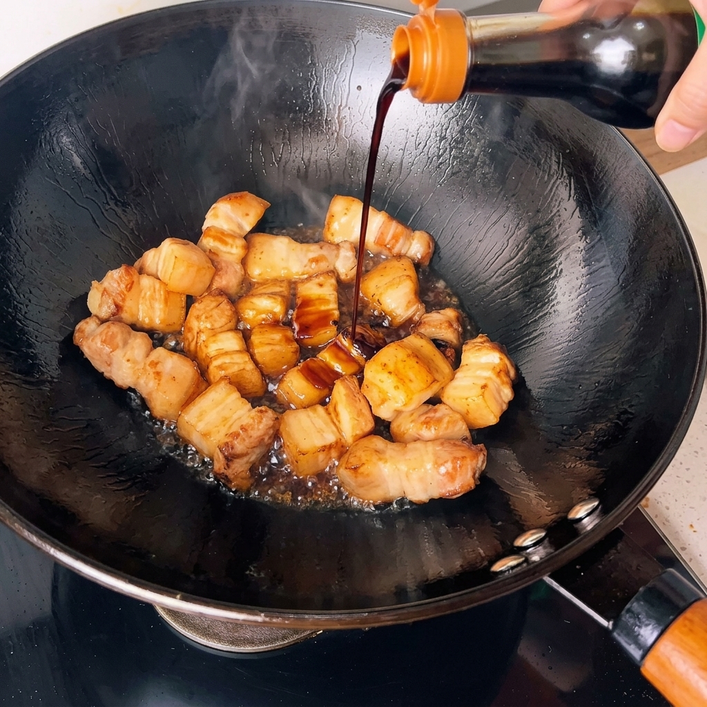 Salsa de soja oscura vertiéndose desde una botella sobre cubos de panceta dorada en un wok.