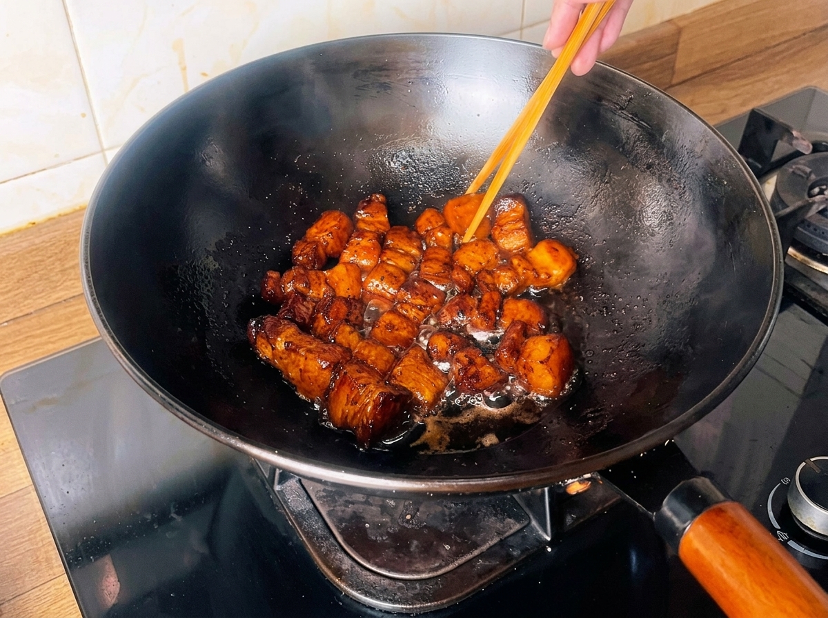Cubos de panceta dorada cocinándose a fuego lento en un wok con una salsa oscura y espesa, removidos con palillos.