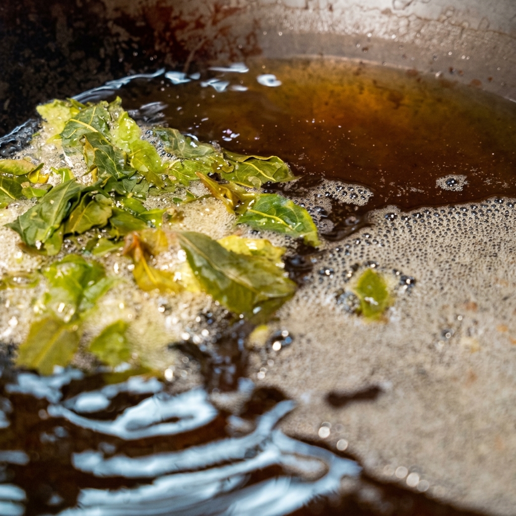 Hojas de té verde friéndose en un wok con aceite burbujeante.