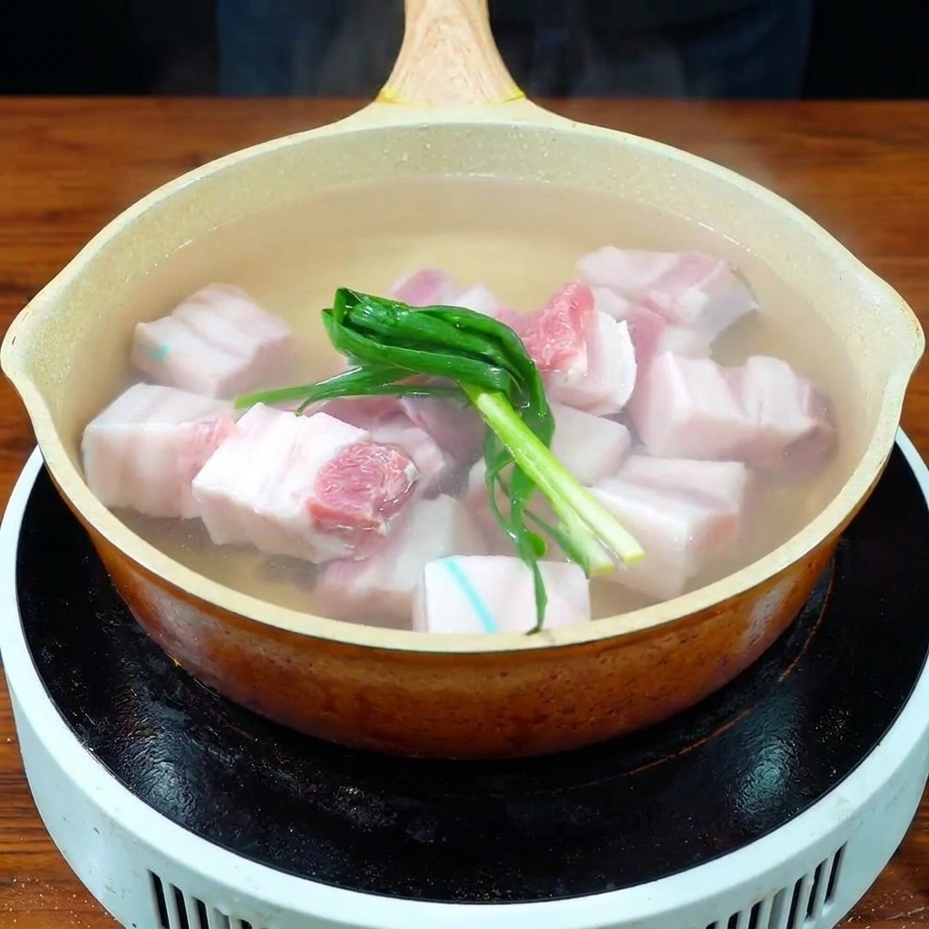 Cubos de panceta de cerdo hirviendo a fuego lento en una olla con agua, cebolletas y jengibre.