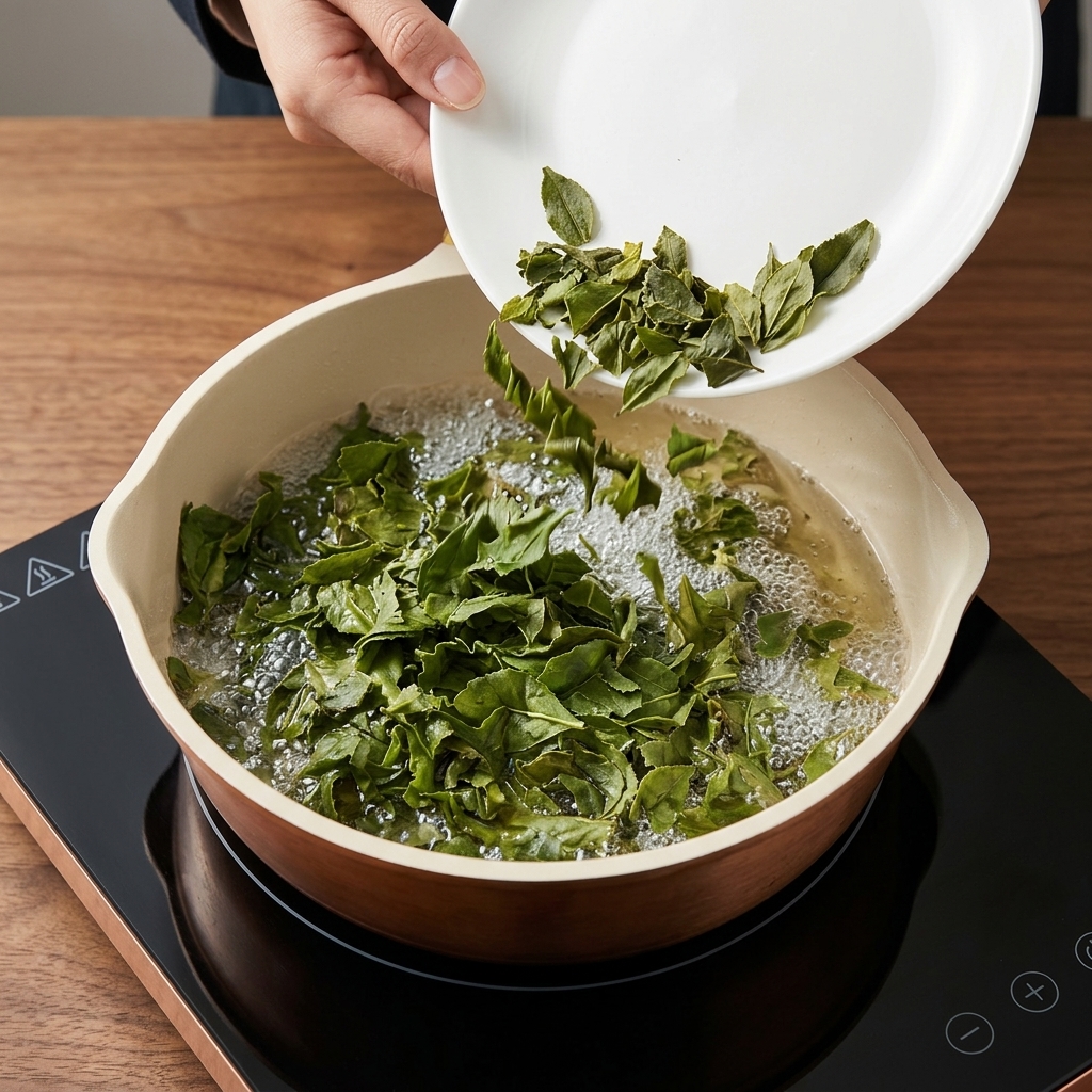 Añadiendo hojas de té hidratadas desde un plato blanco a una sartén con aceite caliente burbujeante.