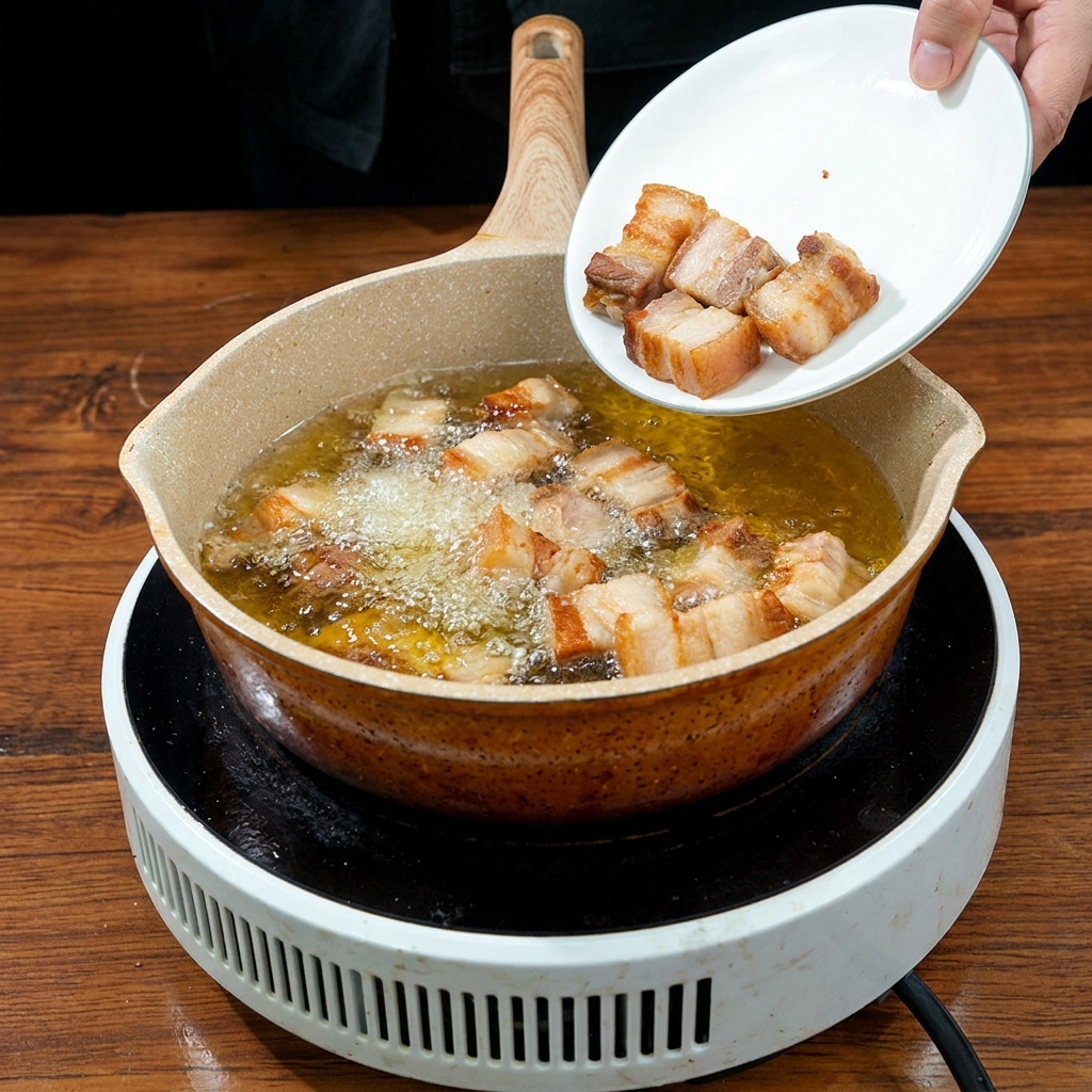 Mano vertiendo cubos de panceta previamente hervida desde un plato blanco a una sartén con aceite caliente.