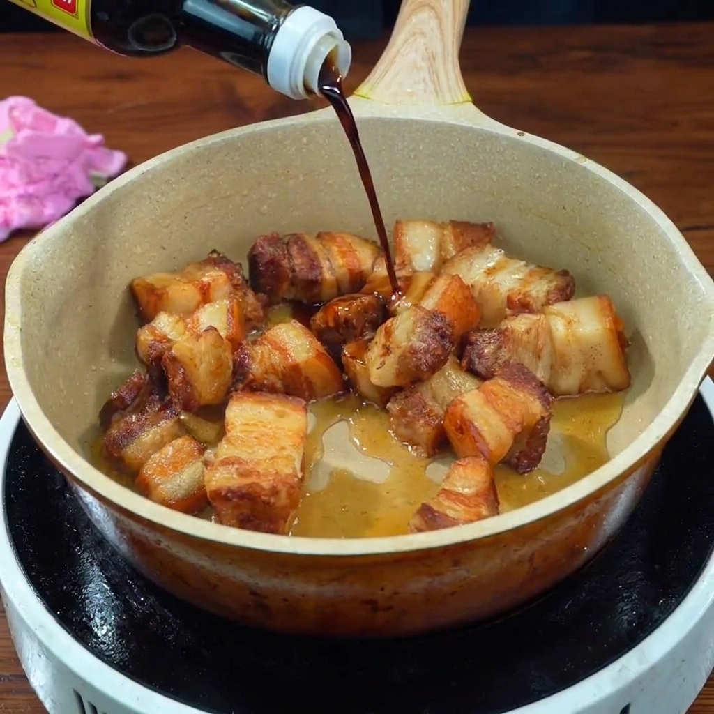 Vertiendo salsa de soja oscura desde una botella en una sartén con cubos dorados de panceta frita.