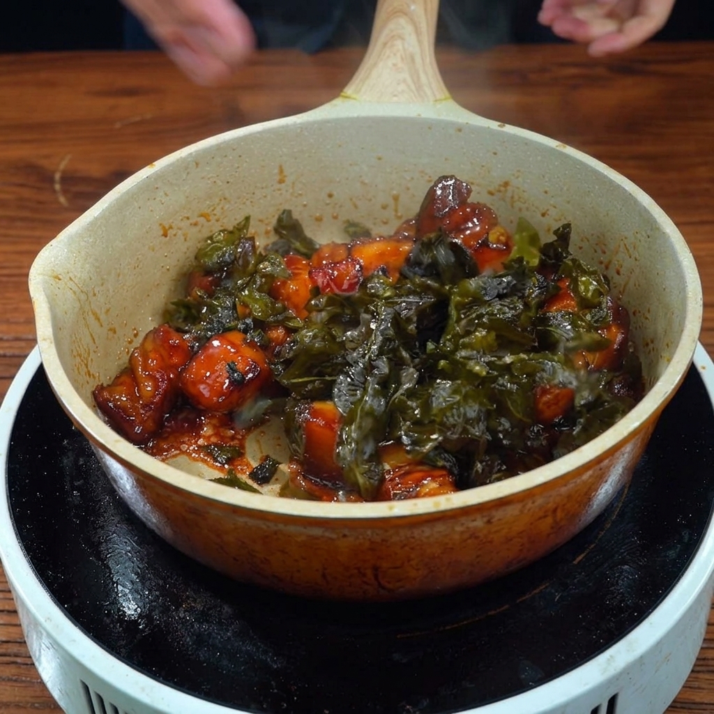 Un primer plano de cubos de panceta en una sartén siendo cubiertos con una salsa espesa y brillante, mezclados con hojas de té fritas oscuras.