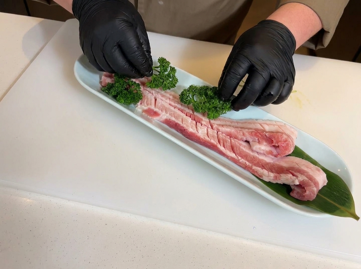 Manos con guantes negros colocando ramitas de perejil fresco sobre la panceta cruda marcada sobre una bandeja con hojas de bambú.