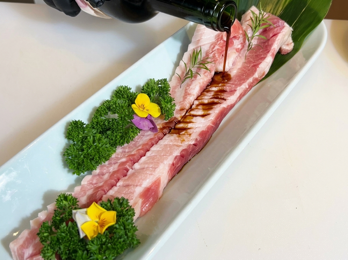 Vino tinto siendo vertido desde una botella verde oscura sobre una panceta cruda, marcada y decorada, sobre una bandeja blanca.