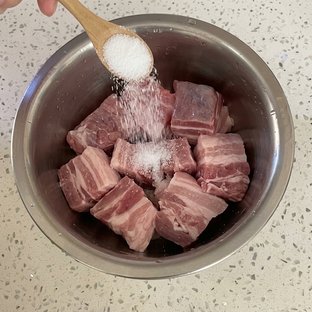 Una cuchara de madera espolvoreando sal sobre la panceta en el bol.