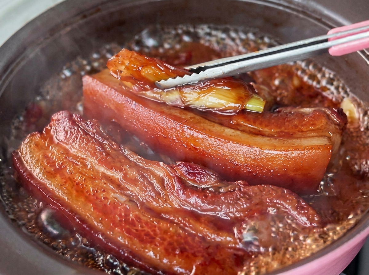 Pinzas levantando un trozo de cebolleta ablandada fuera de una salsa de braseado oscura y burbujeante junto a panceta sellada.