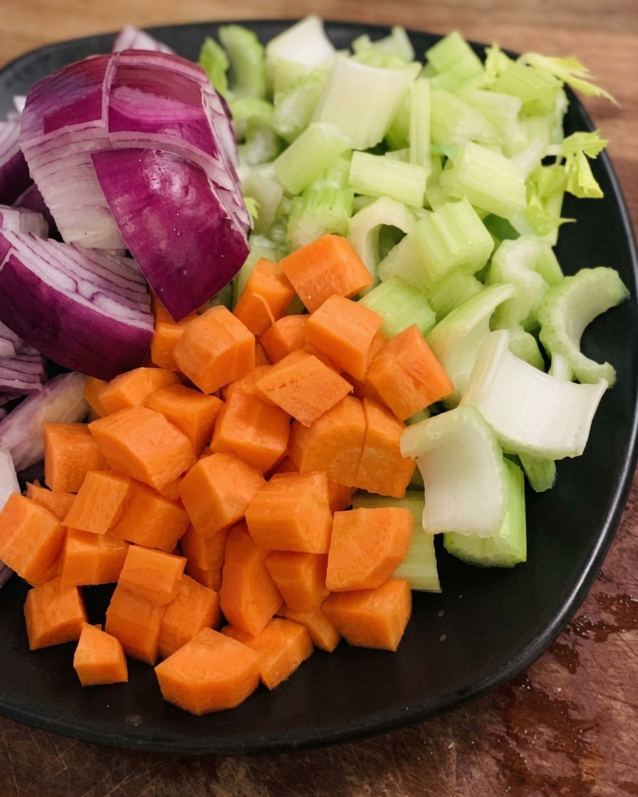 Zanahorias, apio, puerros y cebollas rojas finamente picados en un plato negro.