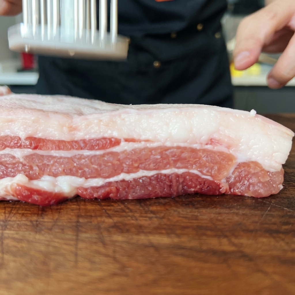Primer plano de la piel de la panceta cruda siendo marcada con una herramienta para ablandar carne.