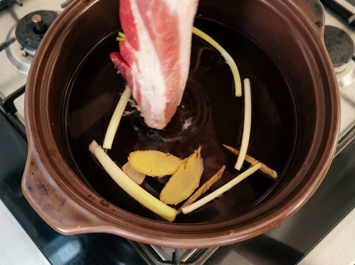 Panceta de cerdo sumergida en una olla de líquido oscuro con aromáticos.