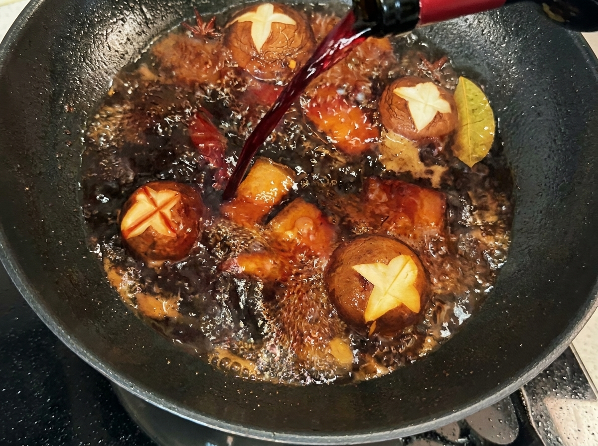 Vino tinto siendo vertido en un wok que contiene la panceta dorada, champiñones y especias.
