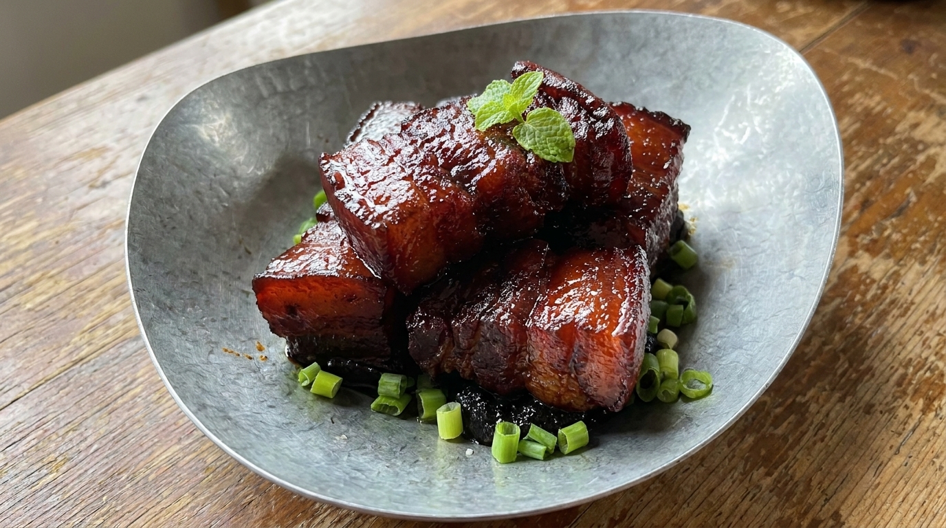Panceta de Cerdo Caramelizada y Estofada al Vino Tinto