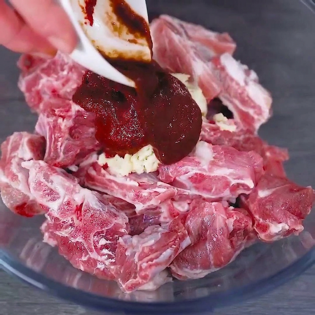 Un tazón de vidrio lleno de costillas de cerdo crudas cubiertas con una cucharada de salsa de chile roja espesa y ajo recién picado.