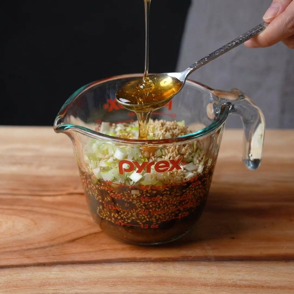 Salsa de soja, cebolleta picada y ajo en una taza medidora de cristal preparándose para el marinado.