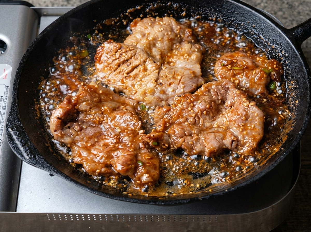 Varios trozos de cerdo cocinándose en una sartén, siendo cortados en porciones pequeñas con tijeras de cocina.