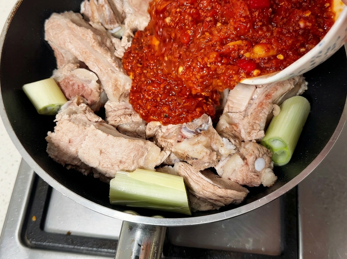 Pasta de condimento de chile rojo espeso siendo vertida sobre costillas de cerdo blanqueadas en una sartén.