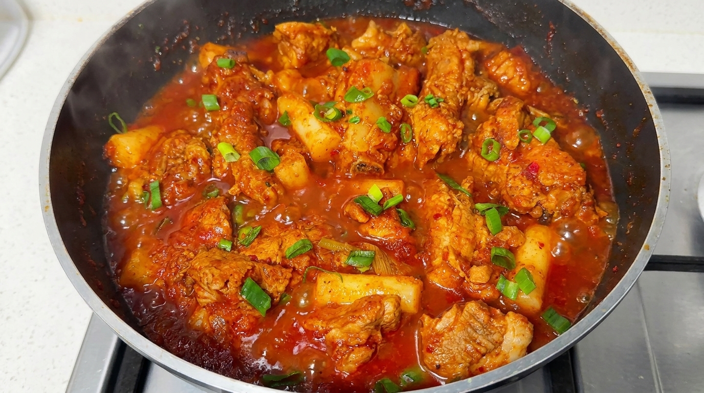 Costillas de Cerdo Coreanas Picantes con Pasteles de Arroz (Maeun Dwaejigalbi-jjim)