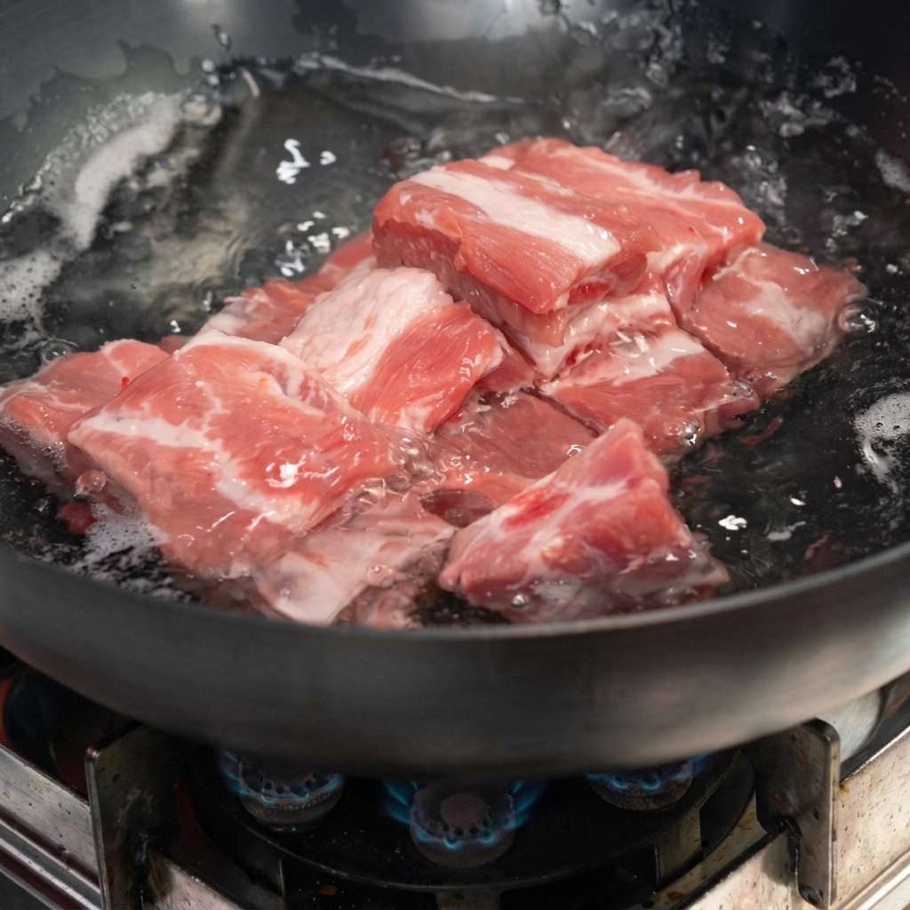 Costillas de cerdo crudas sumergidas en un wok con agua comenzando a hervir.