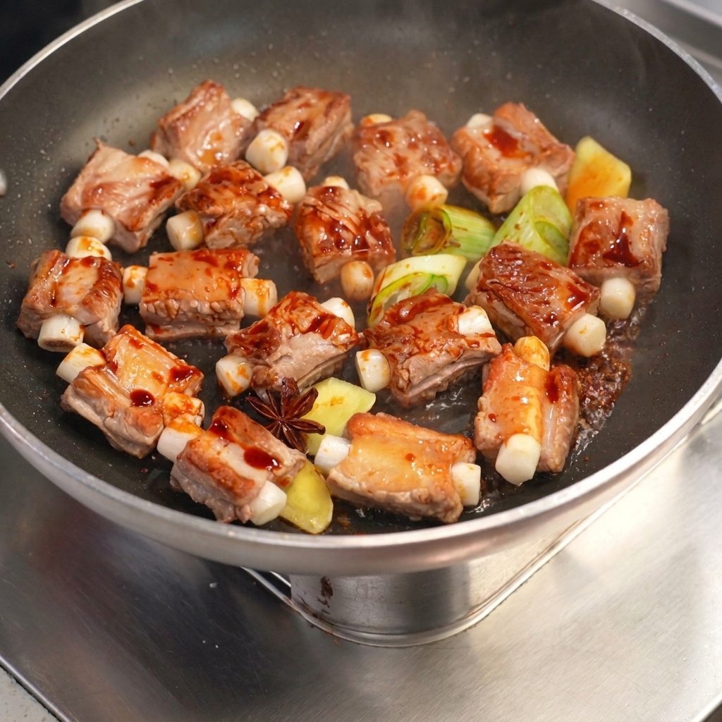 Costillas rellenas cocinándose en una salsa oscura y rica en un wok con aromáticos frescos.