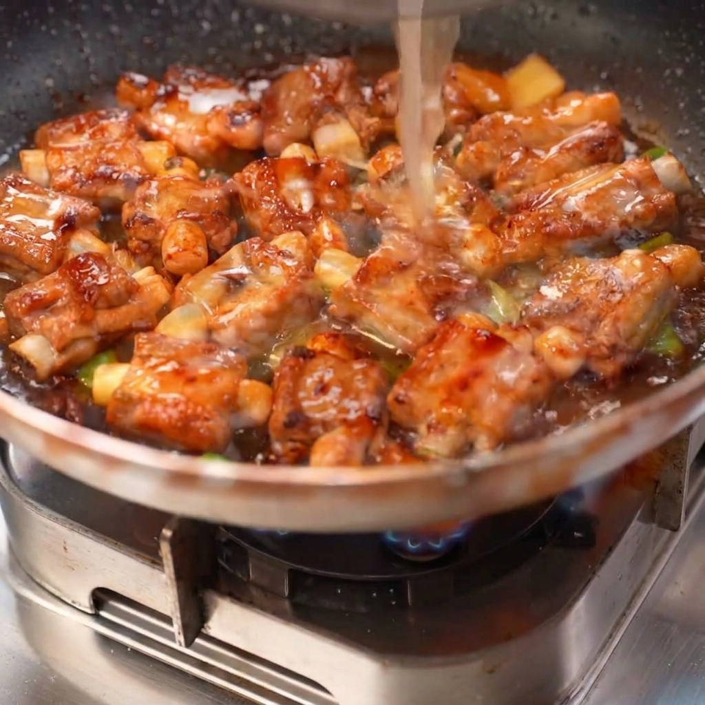 Caldo de costilla siendo vertido en una sartén sobre las costillas selladas, con aromáticos y azúcar de roca cocinándose en la salsa.