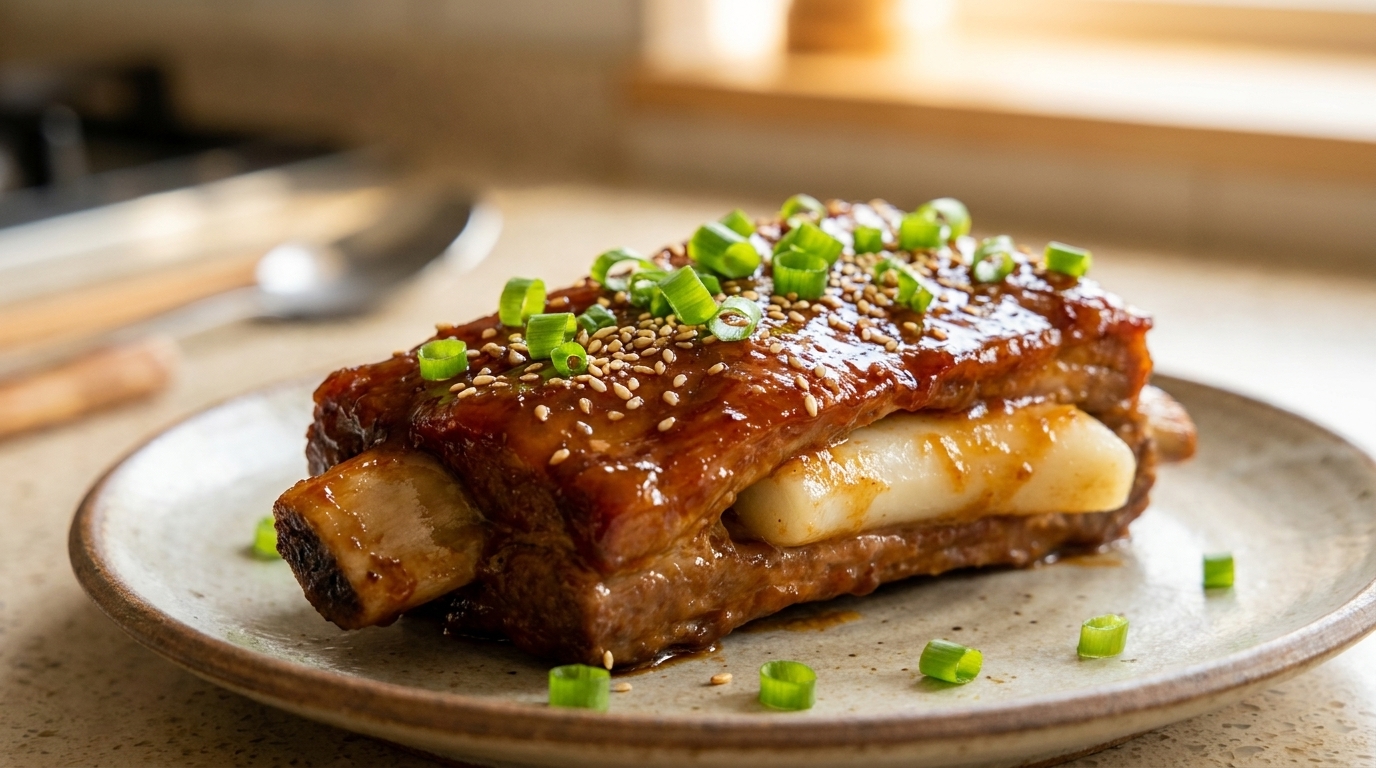 Una costilla de cerdo braseada y brillante rellena con un pastel de arroz masticable, decorada con cebolletas frescas y semillas de sésamo tostadas.
