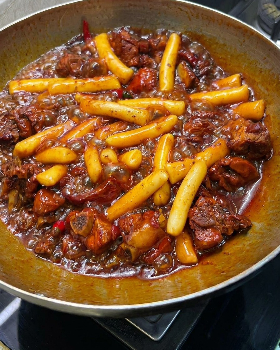 Salteado de costillas de cerdo y pasteles de arroz en una salsa espesa y brillante dentro de un wok.