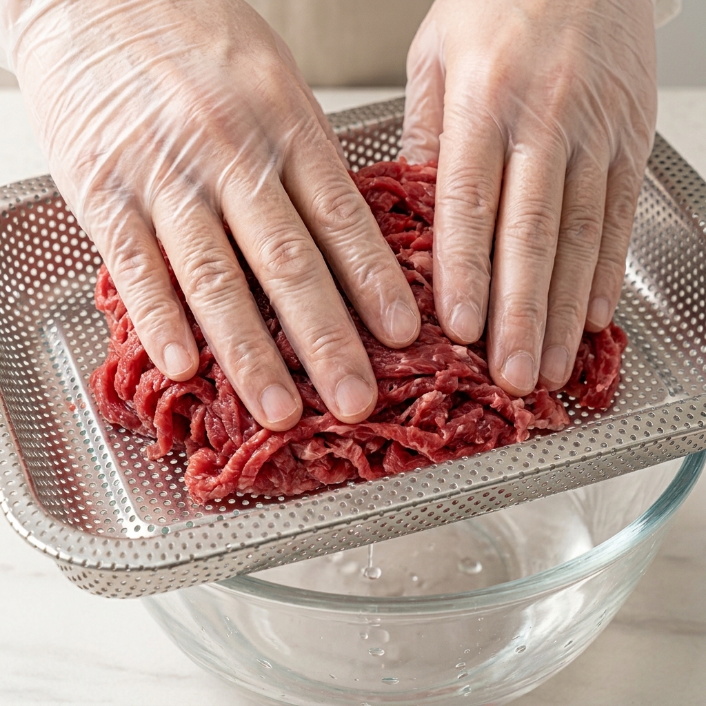 Dos manos presionando carne cruda rebanada en un colador de metal rectangular para eliminar el exceso de agua.