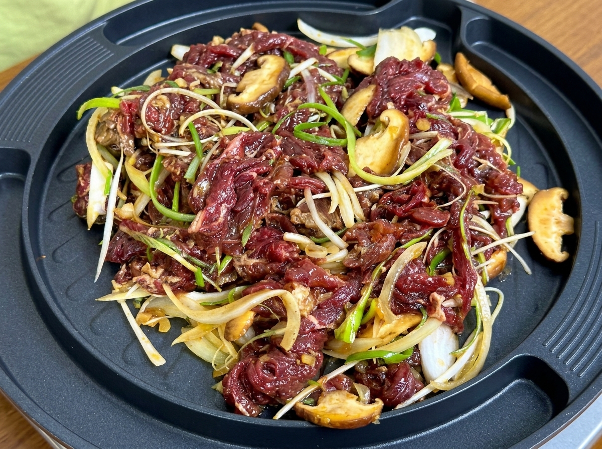 Ternera marinada con rodajas de cebolla y champiñones chisporroteando en una parrilla circular.