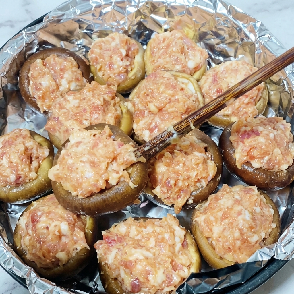 Sombreros de champiñón siendo rellenados con la mezcla de cerdo crudo.