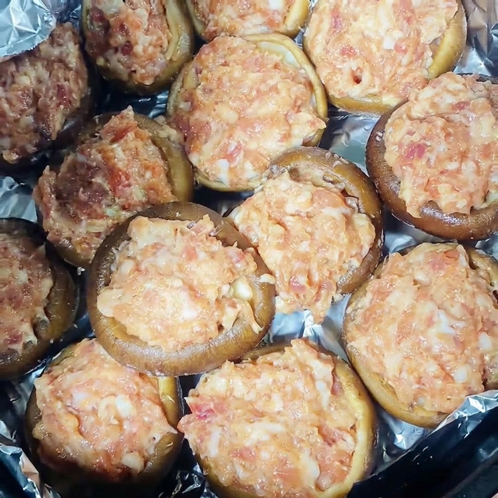 Vista cercana de champiñones rellenos dispuestos en la cesta de una freidora de aire sobre papel aluminio.