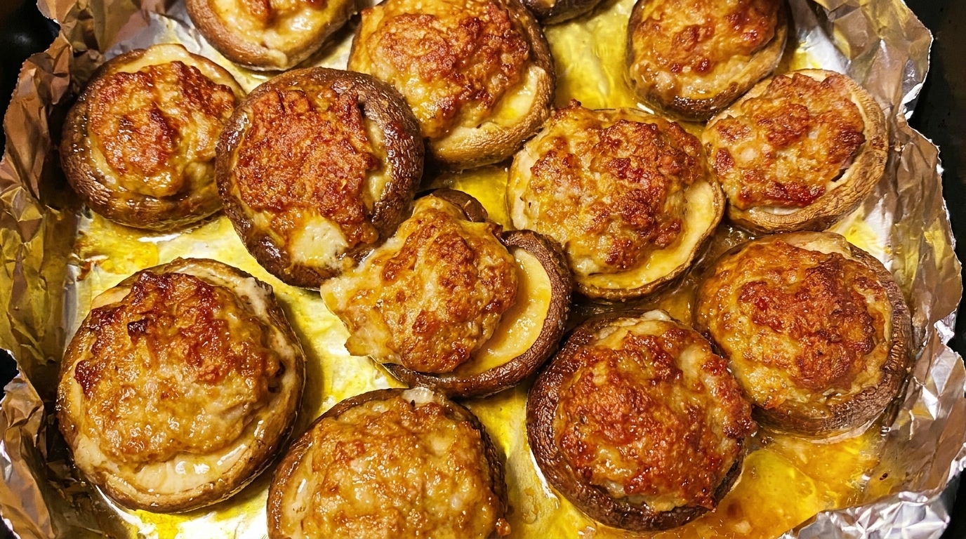 Champiñones rellenos de cerdo hechos al air fryer, asados hasta quedar jugosos y dorados.