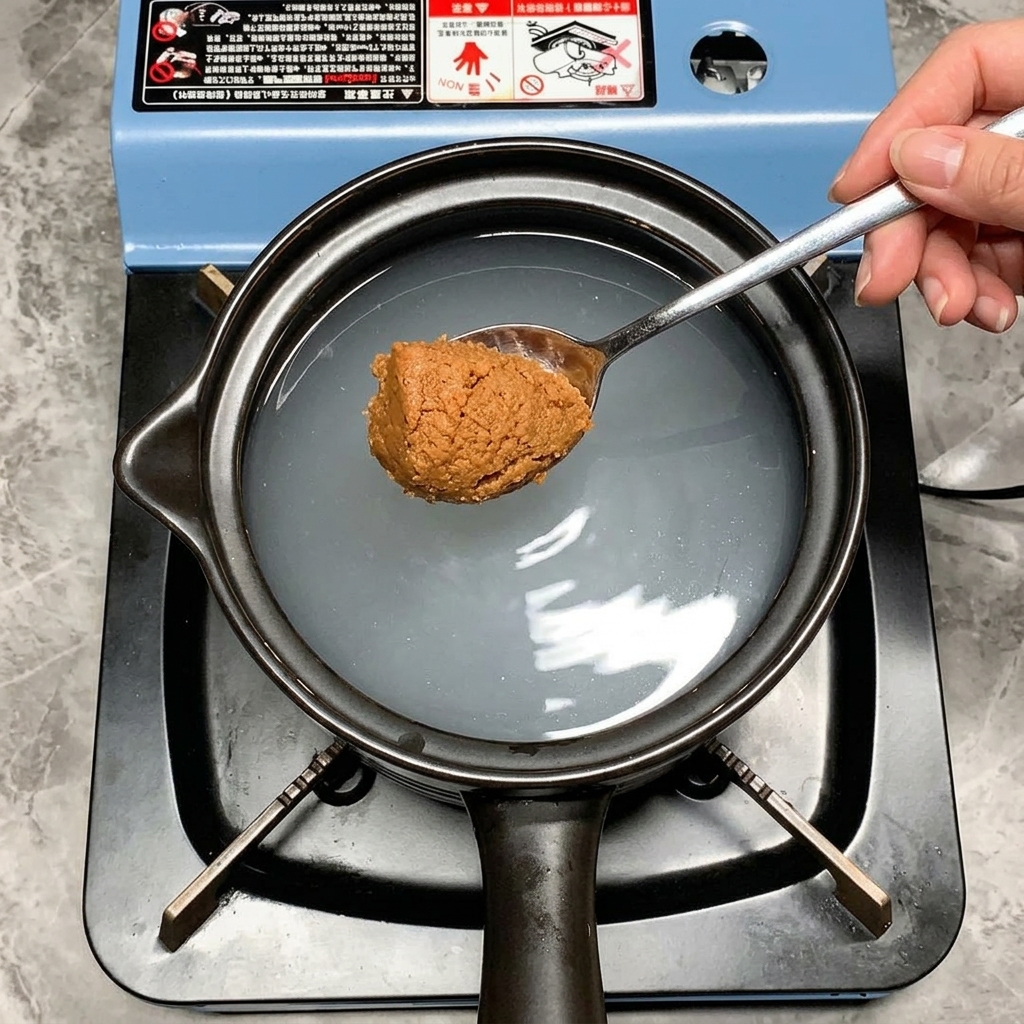 Una cucharada de pasta de soja marrón sobre una olla llena de agua de arroz turbia.